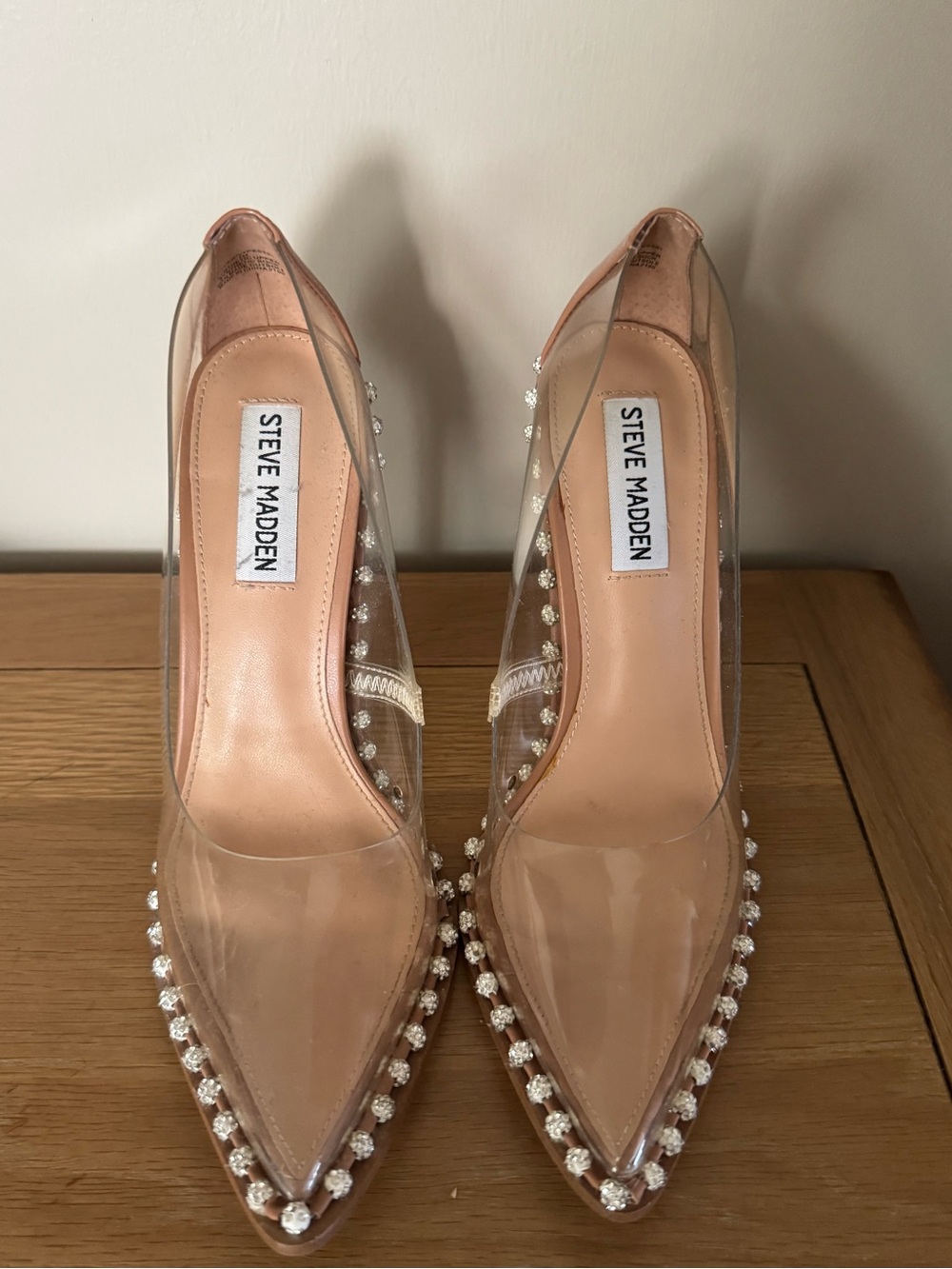 Steve Madden Clear PVC Pointed-Toe Pumps with Pearl Trim - Nude - NEVER WORN